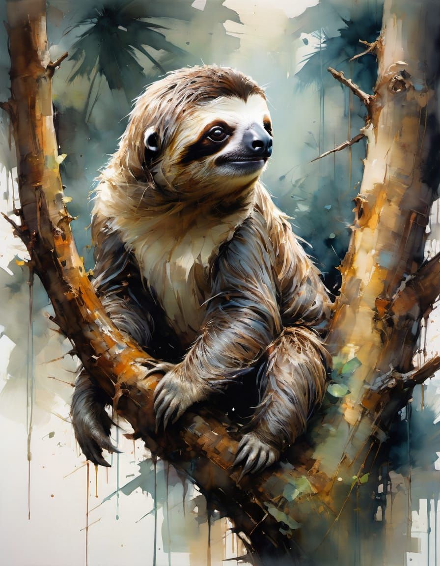 Cute Sloth in Fairytale Watercolor Painting