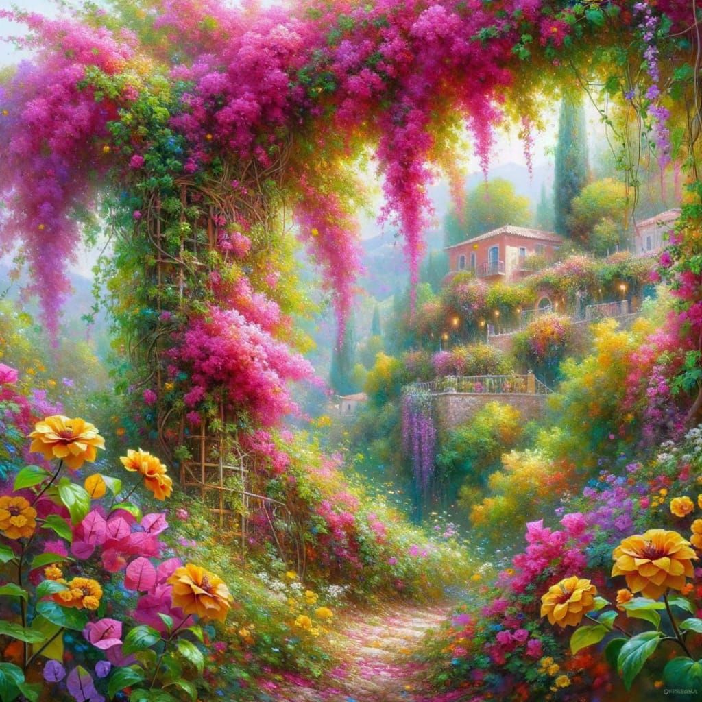 scrapbogside, Pink Trillingranke - Bougainvillea vinstokke, blade, spansk margueritter i gule,