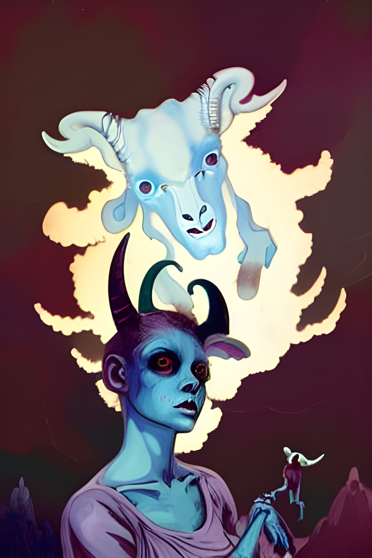 Blue Goat Demon Girl with Lamb, Cel-Shaded Art