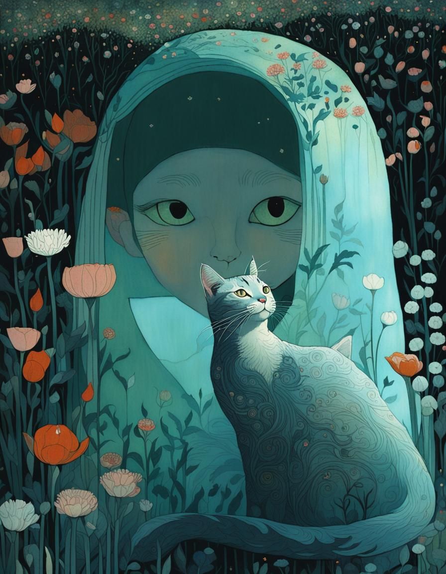 Cat in Flower Meadow, Illustrated Style
