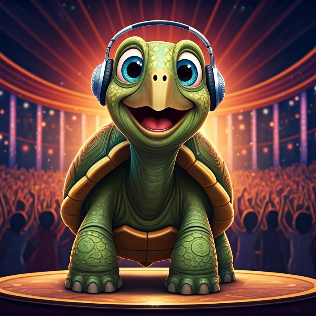Singing Turtle on Stage with Cheering Crowd