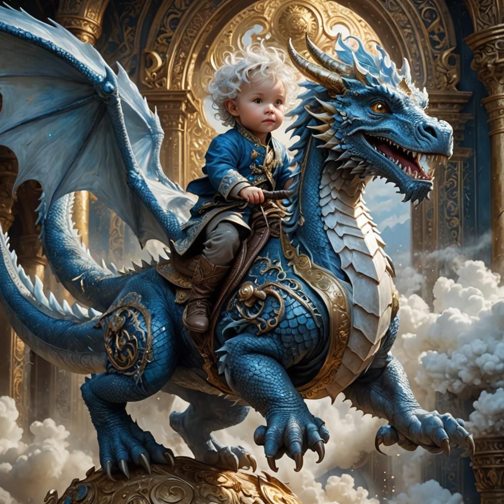 Toddler on Dragon in Ornate Fantasy Scene