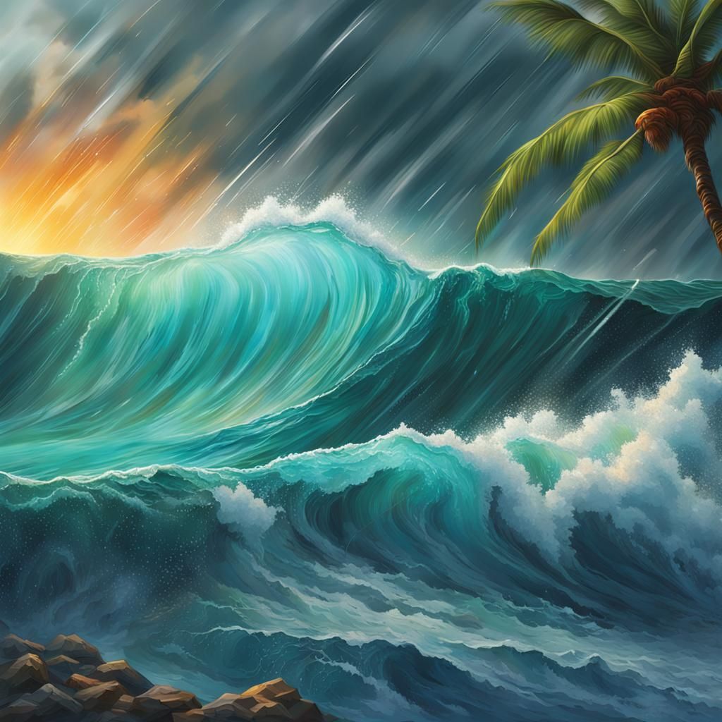 Caribbean Tropical Storm Arrival: Hyperrealistic Splash Art