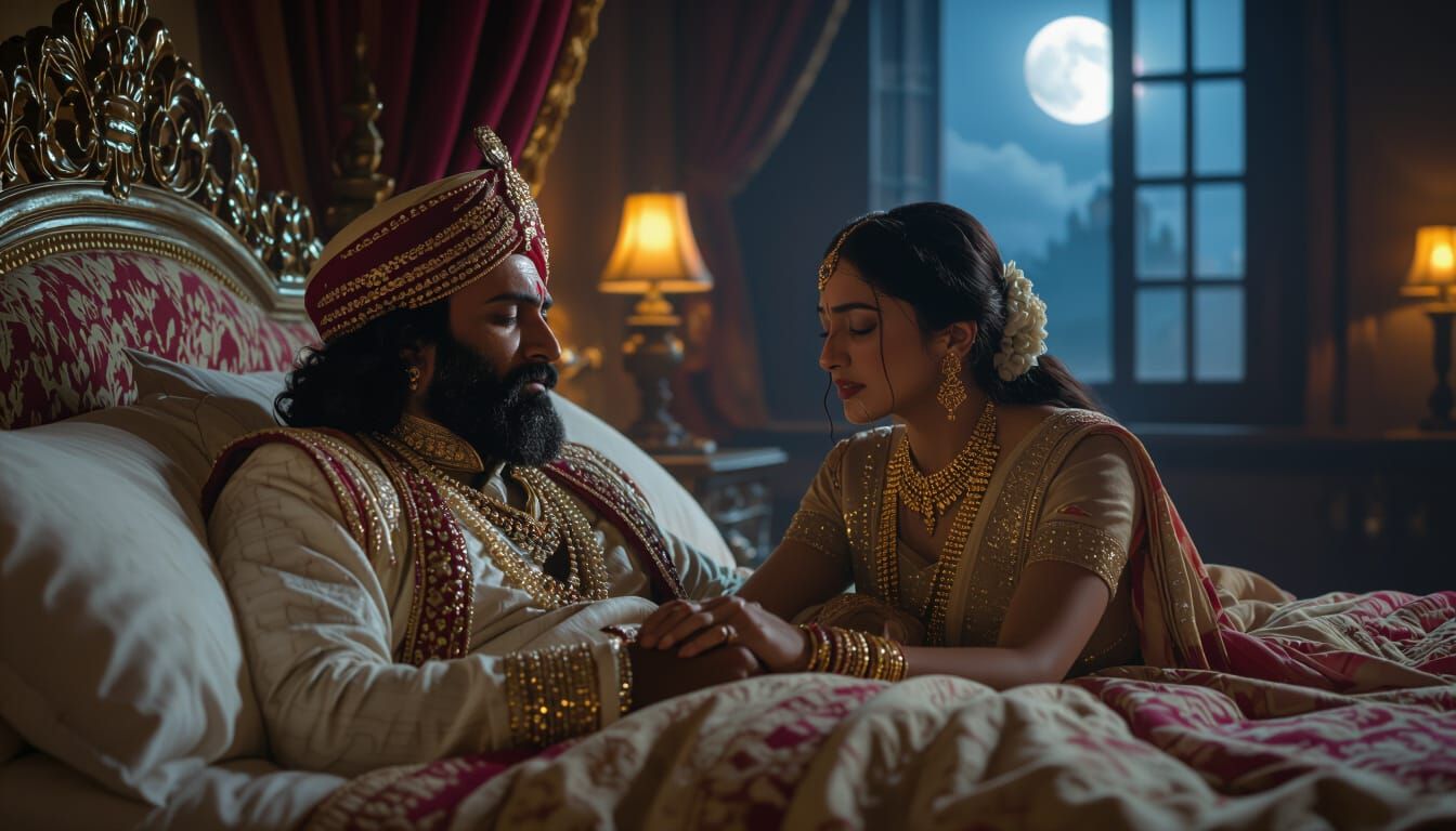 Royal Bedchamber Anguish: A Cinematic Film Still