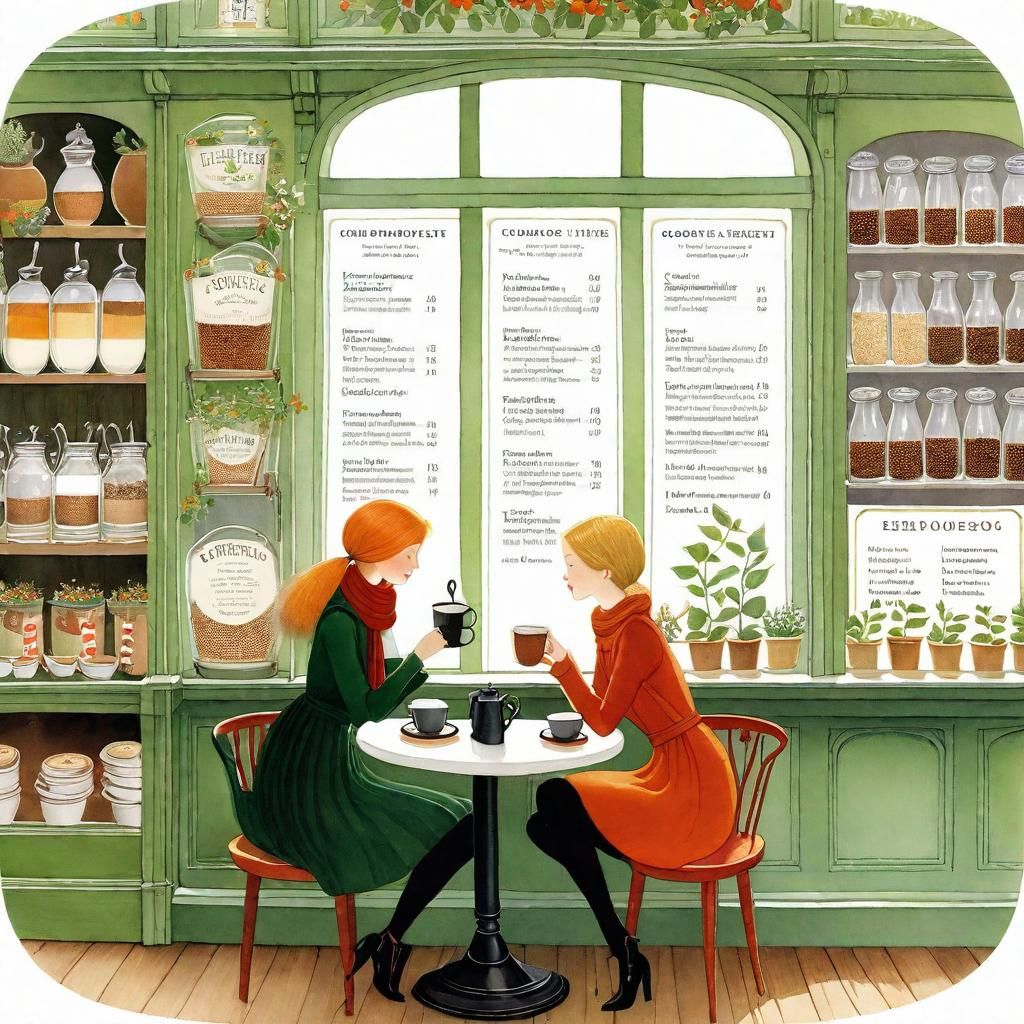 Cozy Cafe Scene: Storybook Illustration of Women Drinking Co...