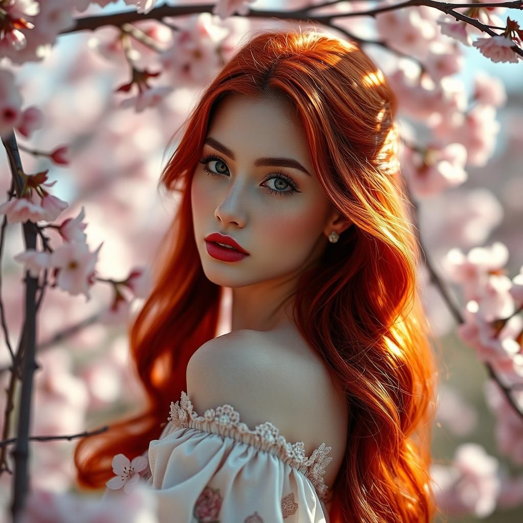 Red-Haired Beauty Amidst Cherry Blossoms, in Manga Style
