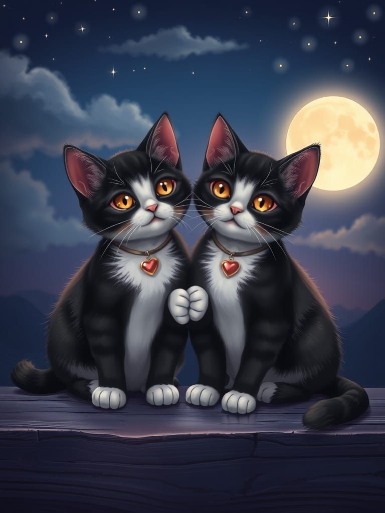 Enchanting Feline Duo in Dreamy Lunar Scene
