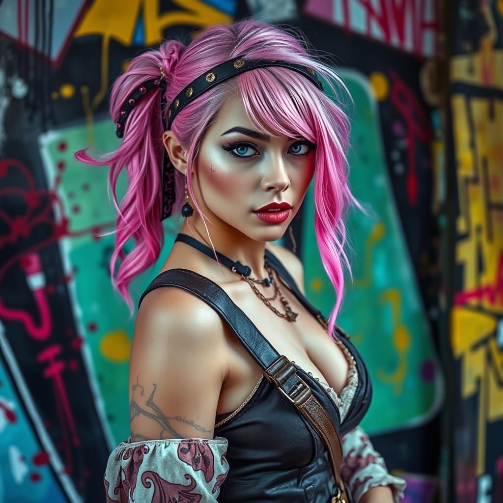 Pink-Haired Pirate in Graffiti Street Art Style