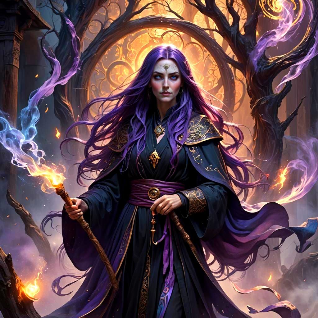 Purple-Haired Sorceress Tarot Card: Hyperrealistic Splash Ar...