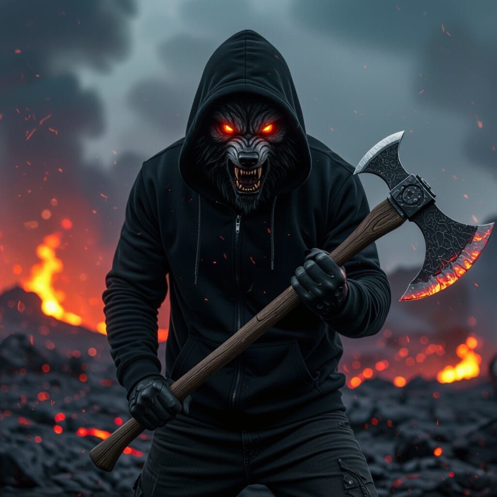 Werewolf with Fiery Eyes and Death Axe in Volcanic Landscape