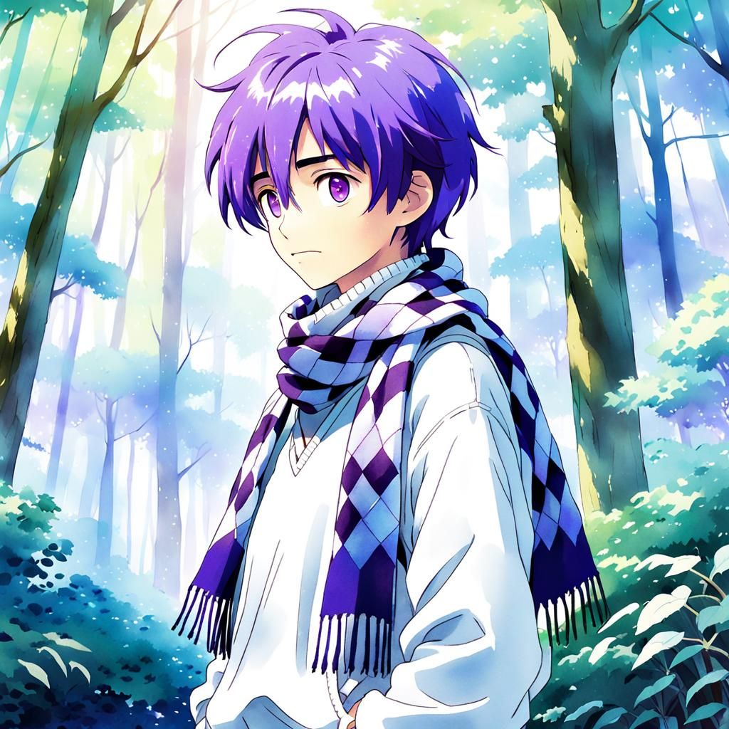 Anime Boy with Vibrant Purple Hair and Eyes in Whimsical Wat...