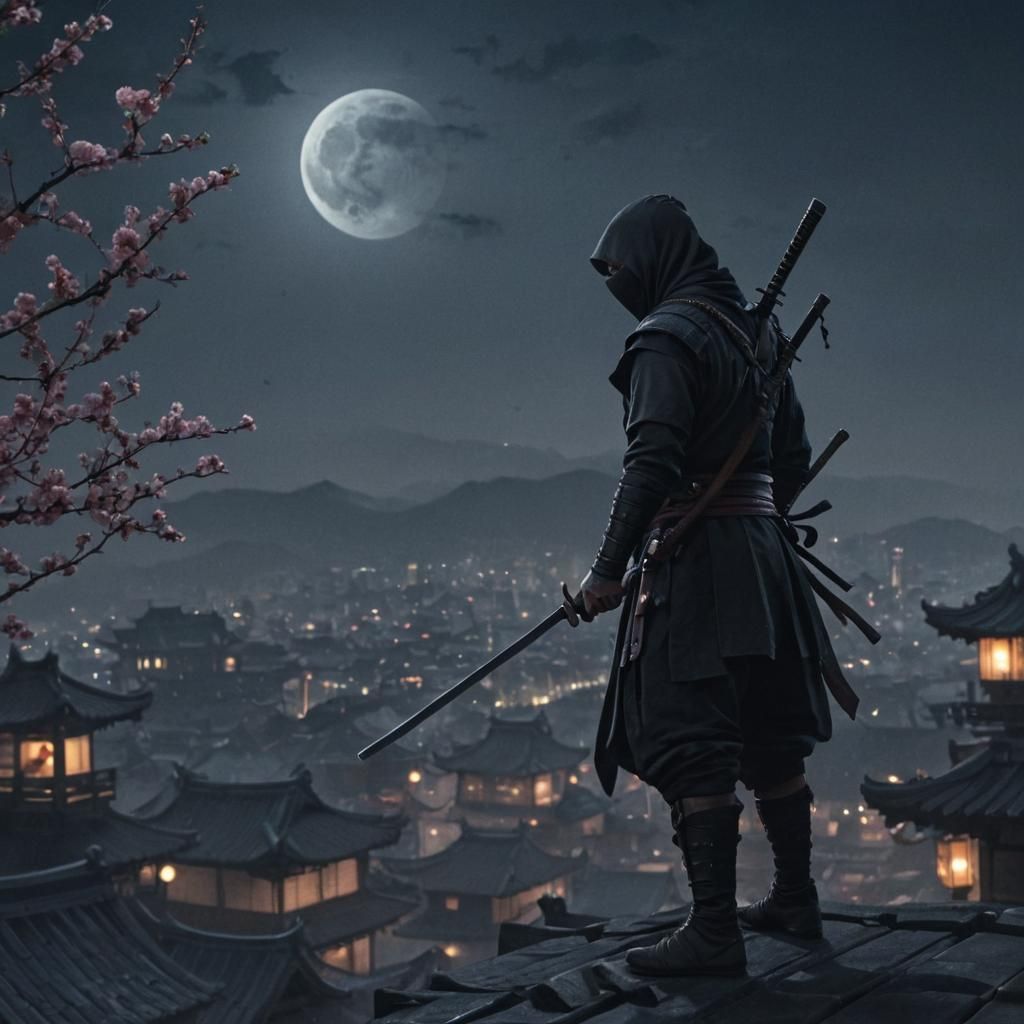 Ninja on Misty Rooftop Under Moonlight