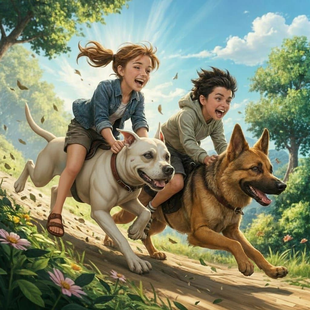 Teenagers Race Dogs Down Hill In Fun Scene