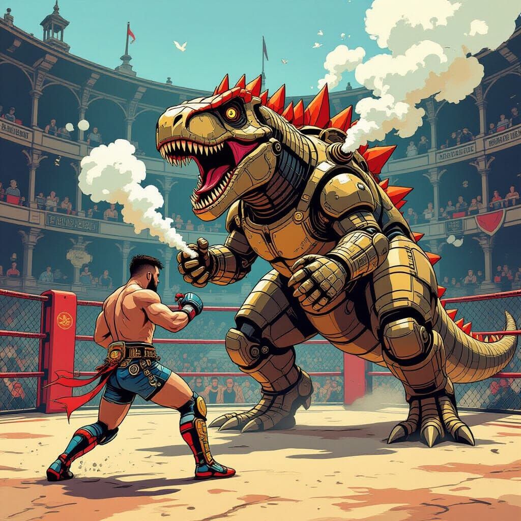 Steampunk Gladiator Battles Robotic Dinosaur in Arena