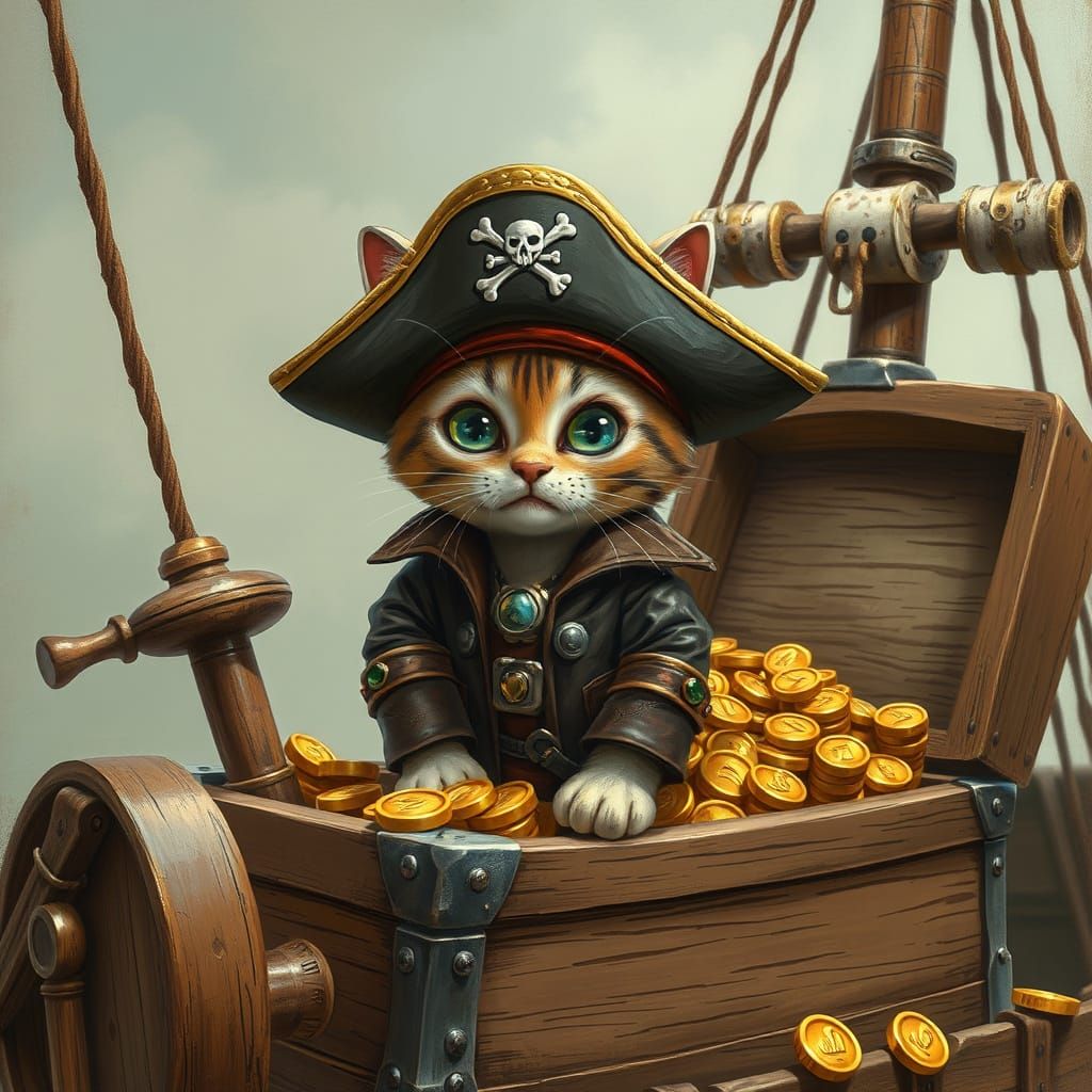 Pirate Cat Guarding Gold Treasure Chest on Ship