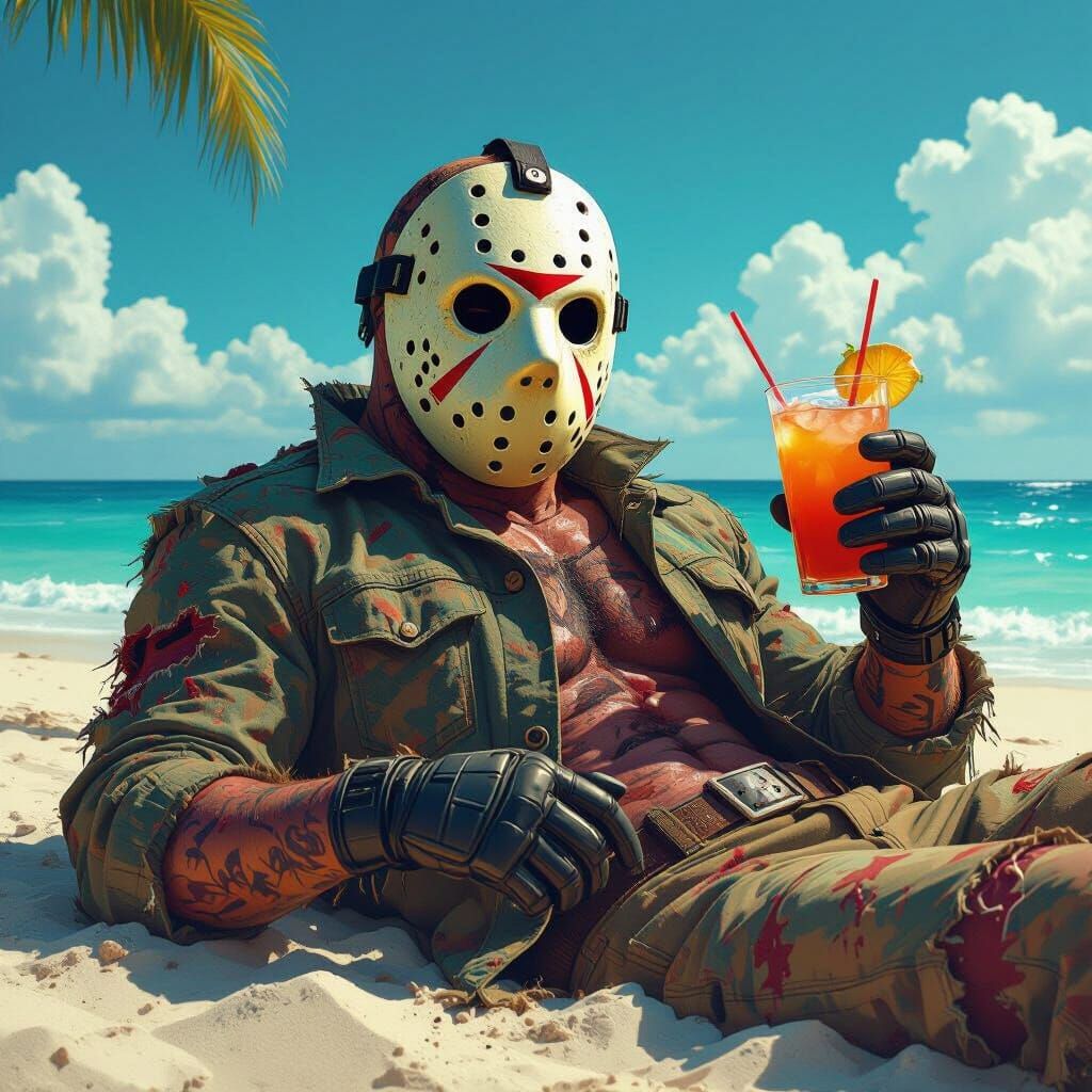 Jason Voorhees Chilling on Beach in Hyperrealistic Style