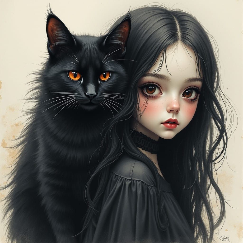 Gothic Watercolor Portrait of a Girl and Black Cat