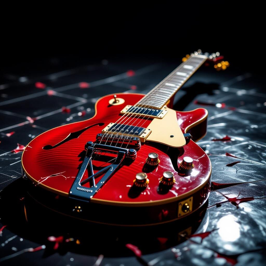 Broken Red Electric Guitar with Intense Shadows