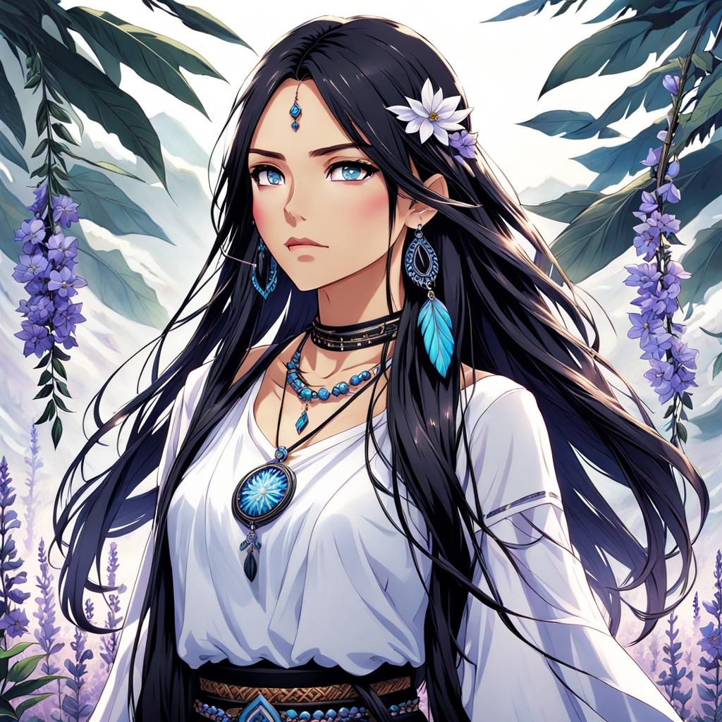 Native American Woman with Lavender Flowers, Anime Style