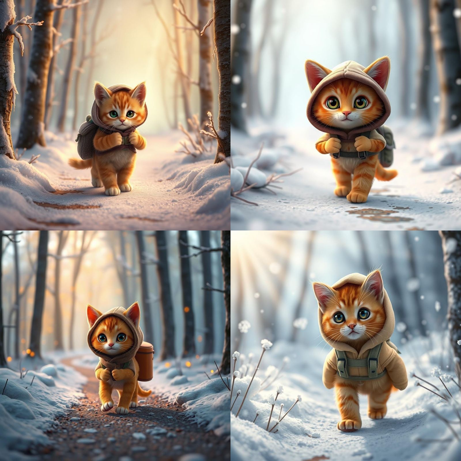 Whimsical Kitten Hikes Snowy Path: 3D Digital Art