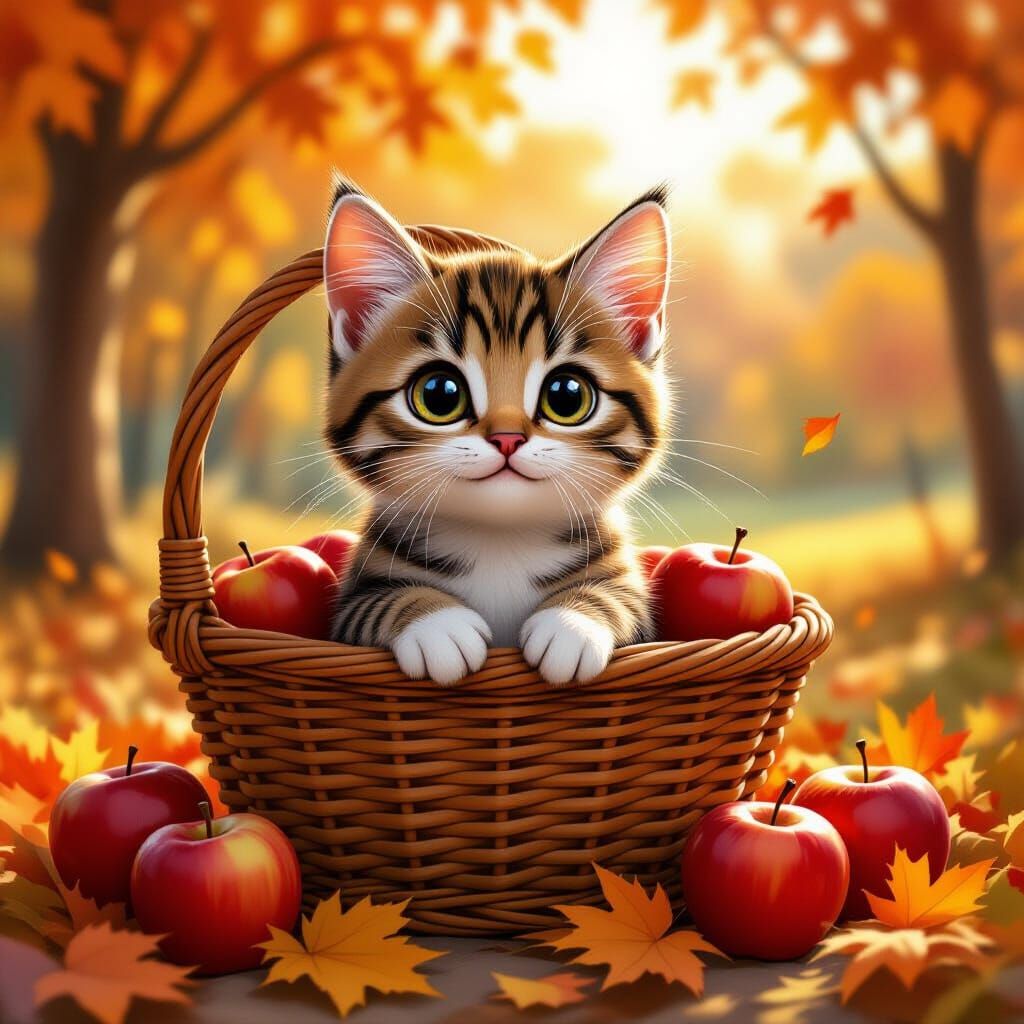 Tabby Cat in Autumn Basket: A Matte Painting