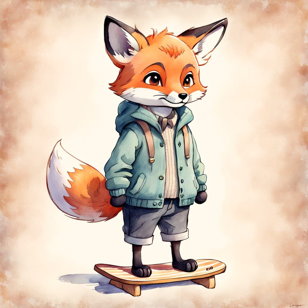 Whimsical Fox Cub in Clothes on Sapboard Watercolor Sketch