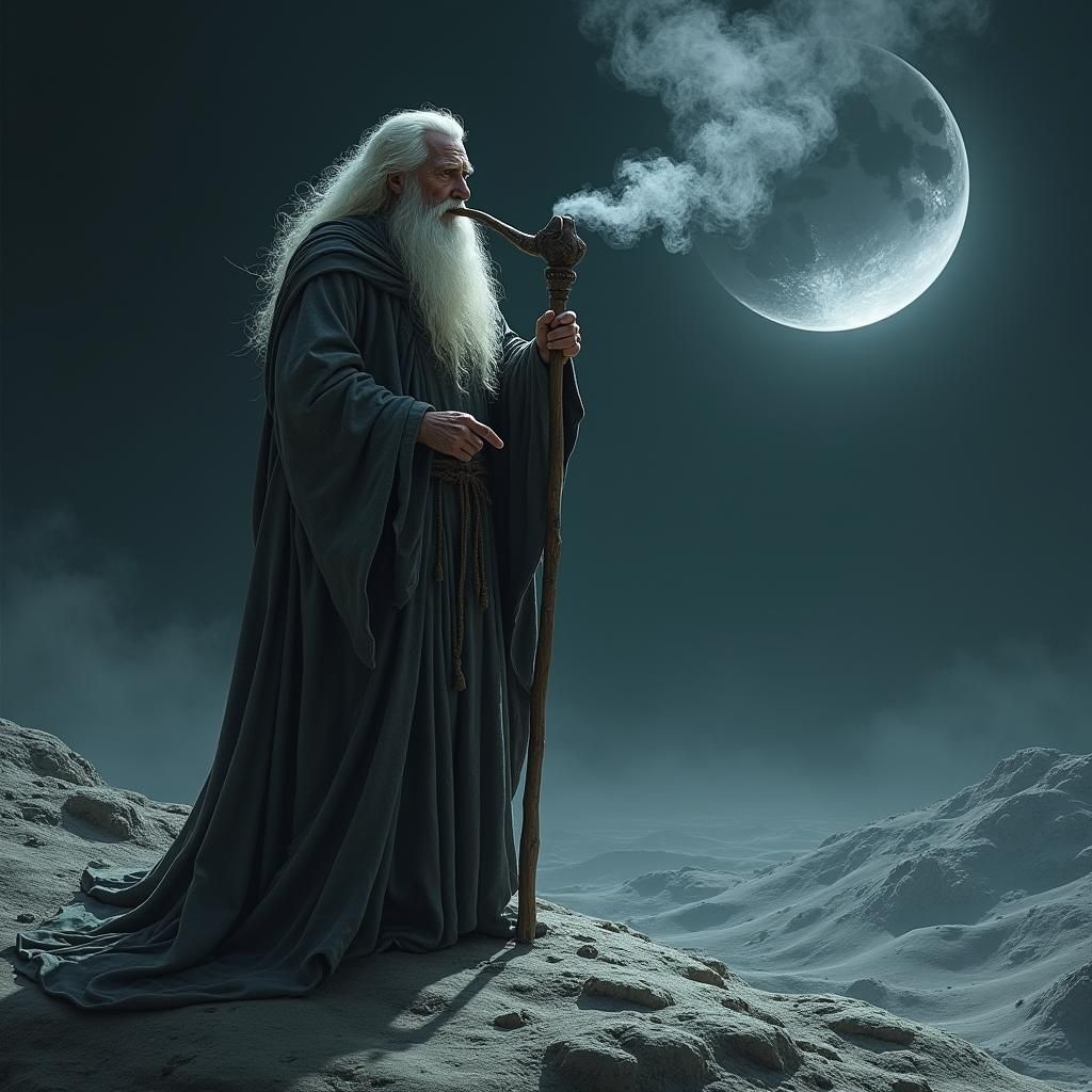 Gandalf on the Moon in Dark Fantasy Style