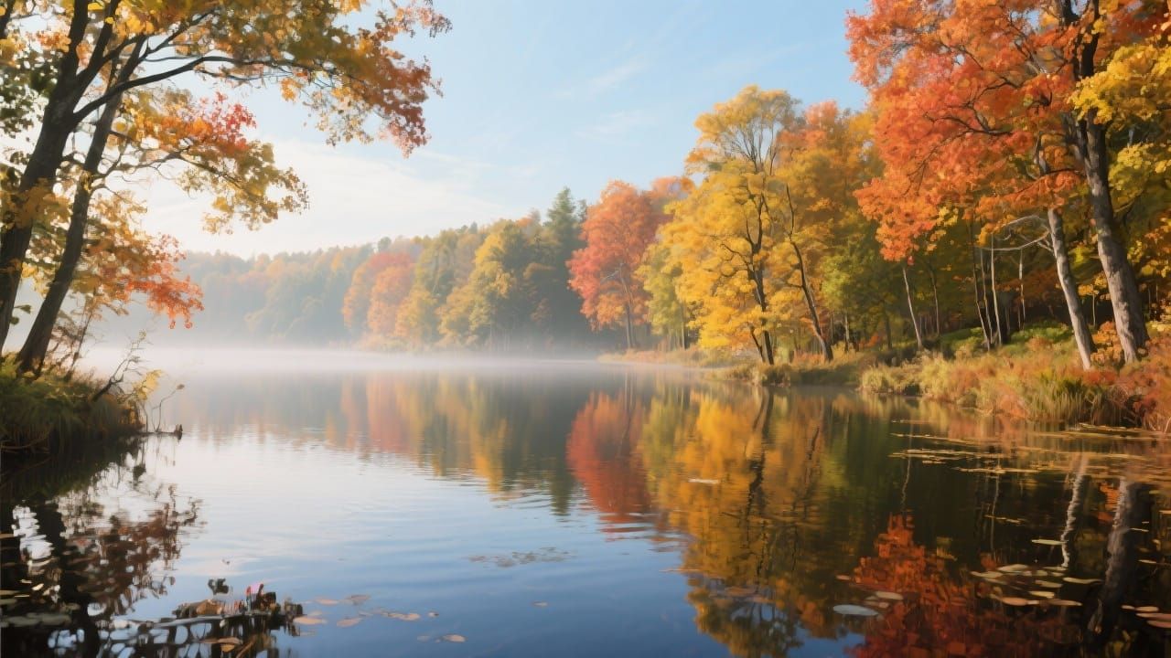 a lake and varied trees in fall colours
