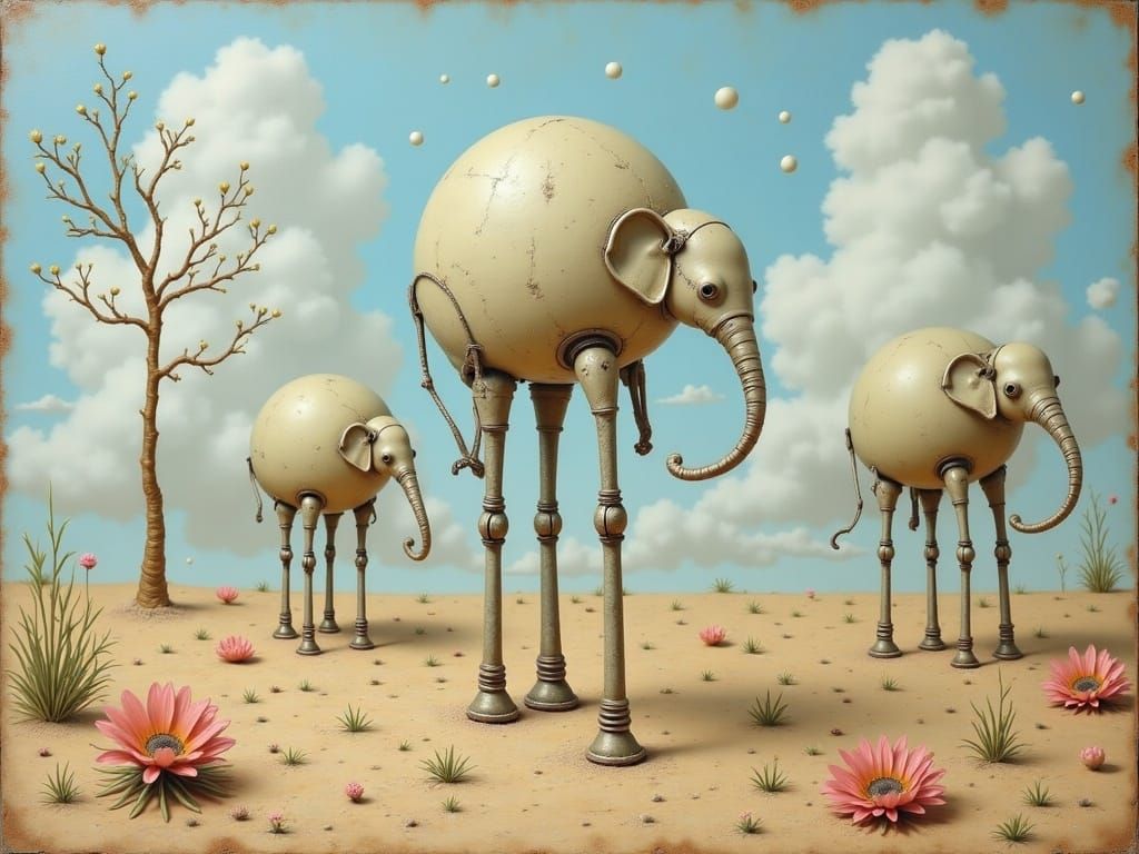 Whimsical Robot Elephants in a Surreal Bouguereau-Inspired L...