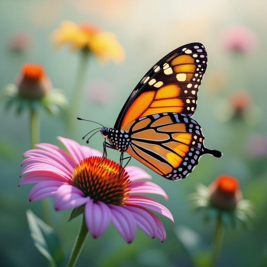 Iridescent Butterfly on Wildflower in Watercolor Style