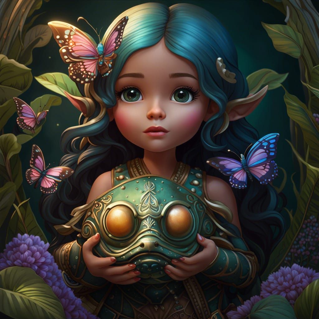 Fairy with Patchwork Turtle, Fantasy Art