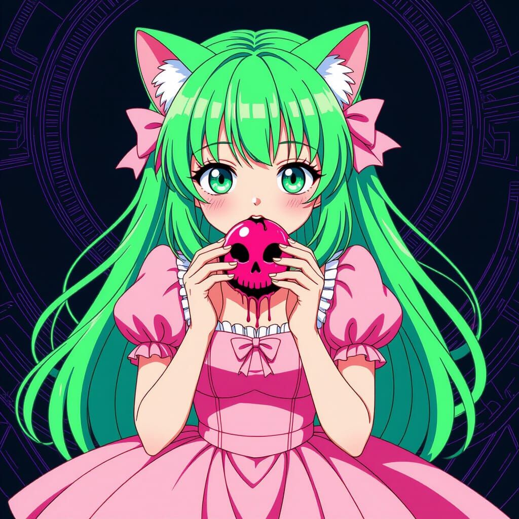 Anime Neko Girl Devouring God in Horror Style