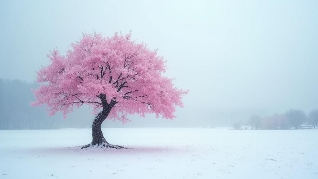 Blossoming Sakura Tree in Winter Landscape