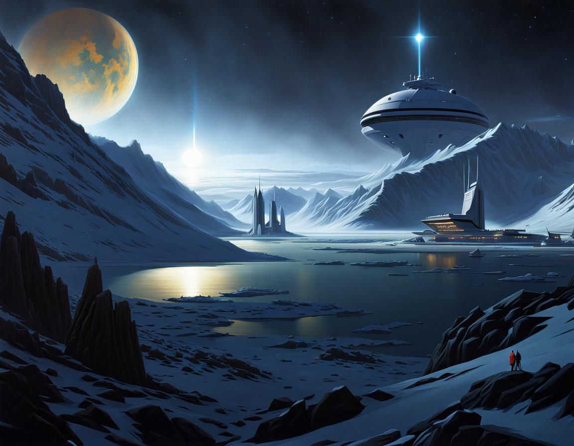 Grimdark Arctic Spaceport in Oil Painting Style