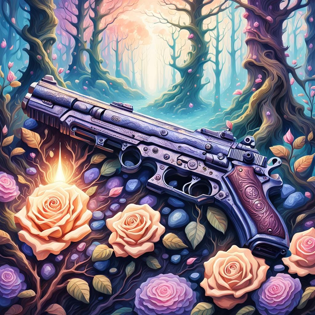 Gun Shooting Rose in Mystical Forest Concept Art