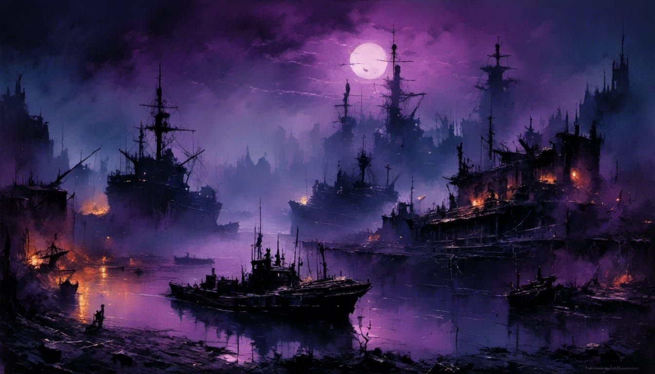 Hyperrealistic Ruins of Futuristic Sea Harbor at Night