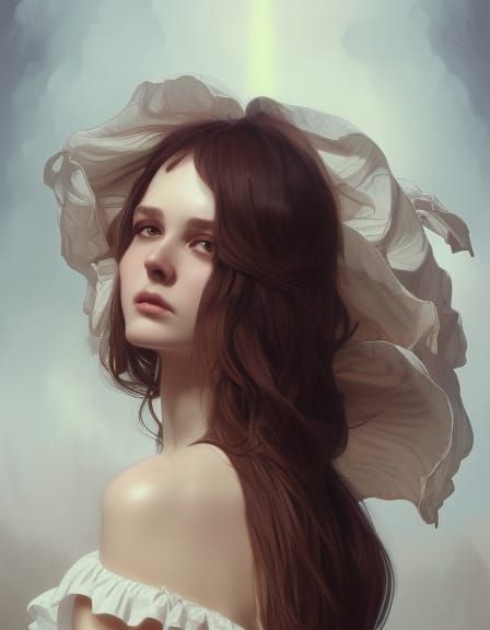 Brunette in Ruffles Dress, Digital Art Portrait