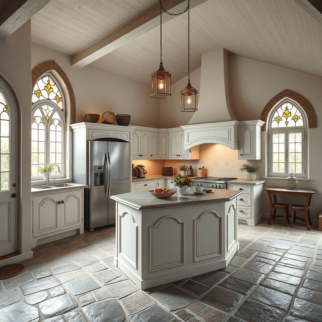 Inviting Tudor Colonial Kitchen with Stone Floor