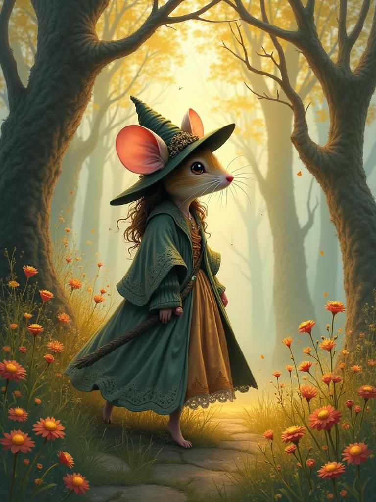 Mouse Witch in Enchanted Forest, Golden Hour