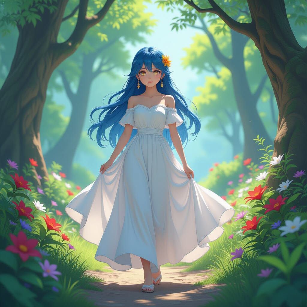 Azure Haired Girl in Vibrant Forest, 3D Anime Style