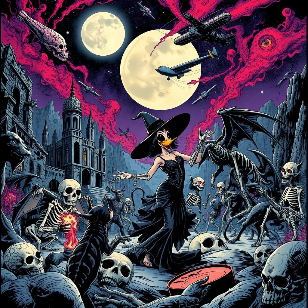 Linda Duck in Flapper Attire Dancing Amidst Cosmic Horrors