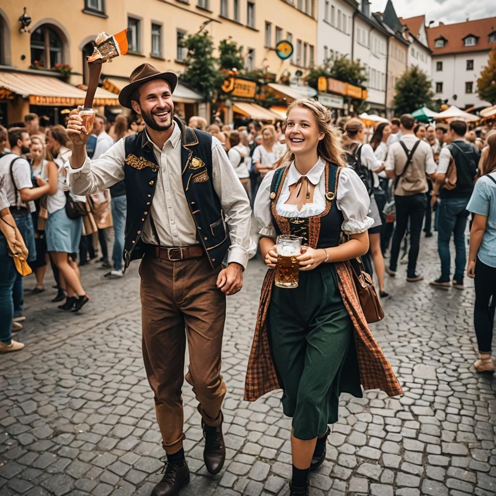 Oktoberfest Celebration: Couple in a Festive City