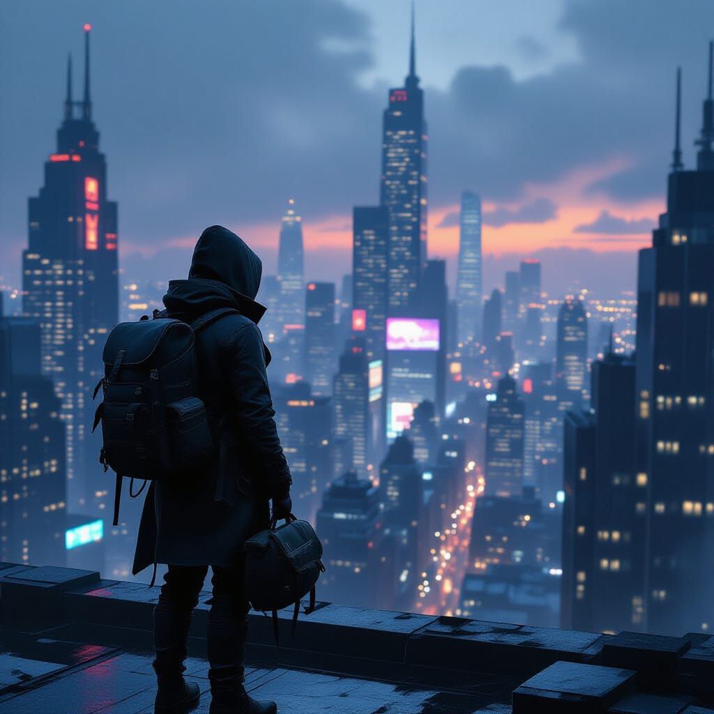 Figure Overlooking Grimy Metropolis at Dusk