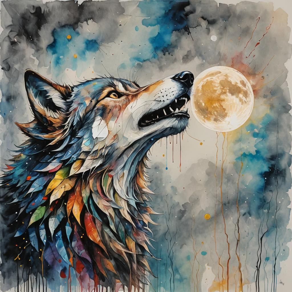 Wolf Howling at Moon as Impressionist Painting