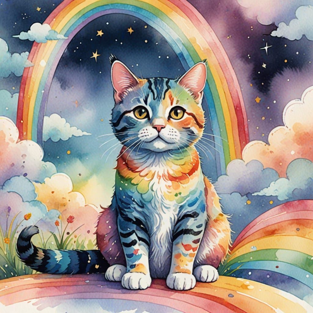 Cute Cat Sitting on Rainbow Watercolor Illustration