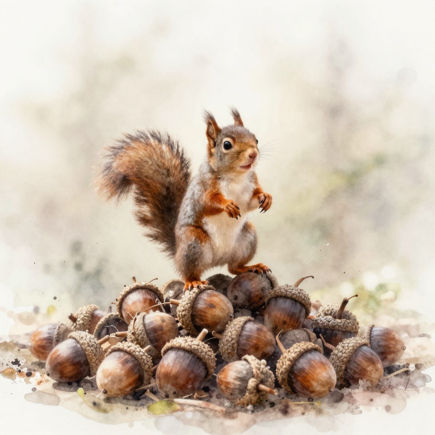 Triumphant Squirrel Stands Atop Acorn Pile in Watercolour St...