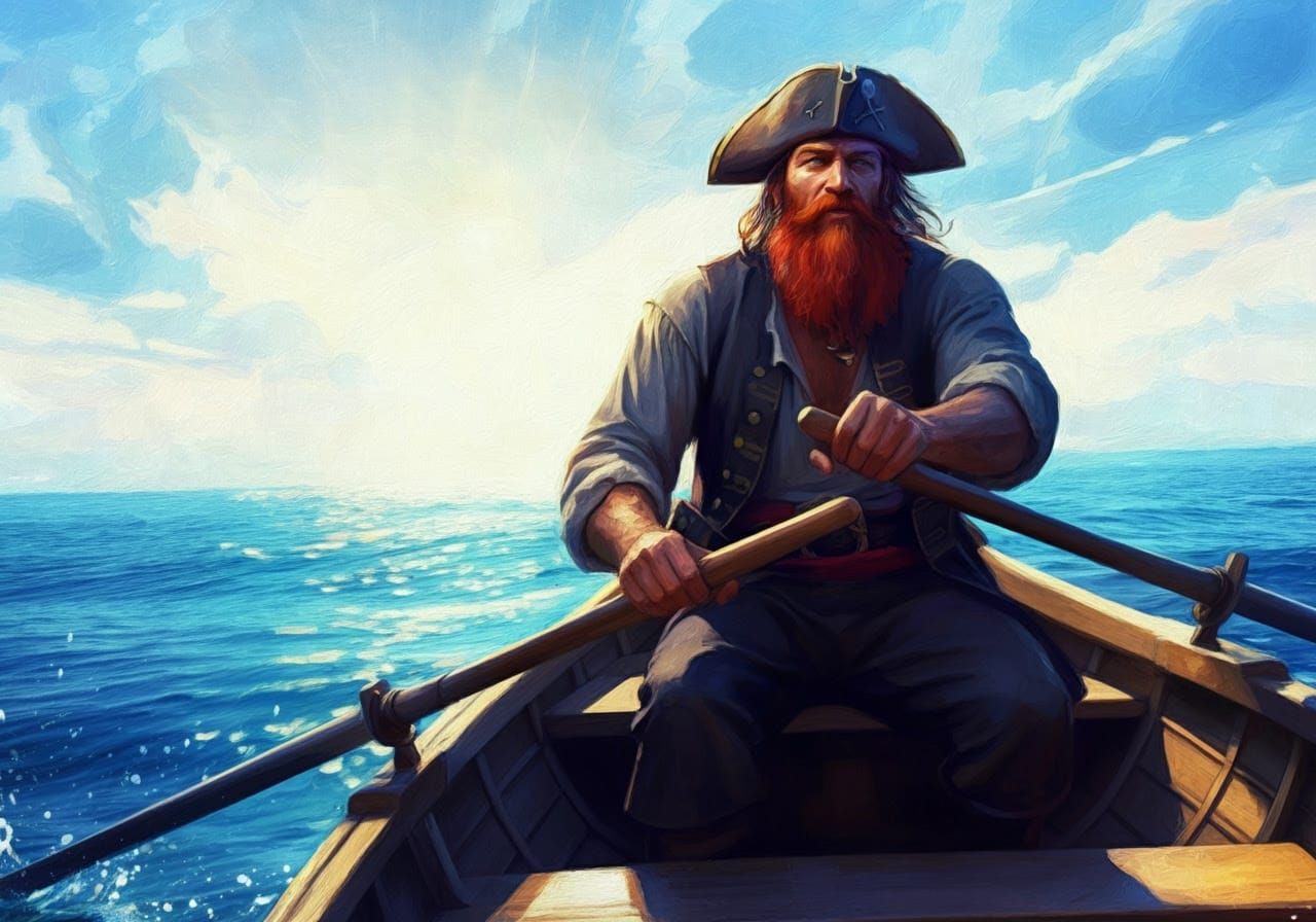 Pirate Rows Boat on Open Water as Watercolor Painting