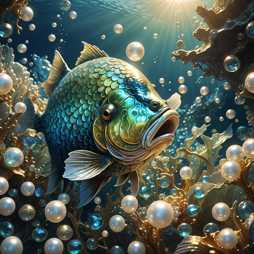 Fish Emerges from Ocean Catching Pearl: Fantasy Art