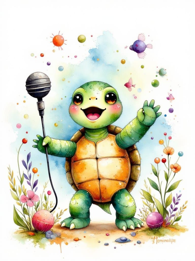 Joyful Singing Sea Turtle Watercolor Impasto Painting