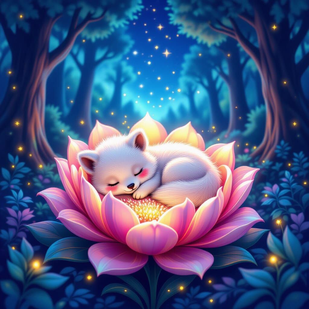 Fluffy Animal Sleeping in Magical Flower: Holographic Astral...